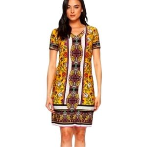 London Times Yellow Print Short Sleeve V-neck Floral Shift Career Dress Size 4